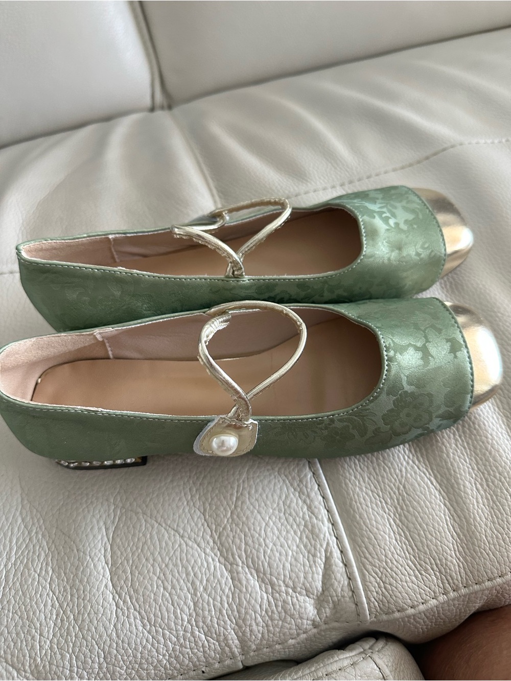 Women’s Green Satin Mary Jane Flats with Pearl Accent with studded heels